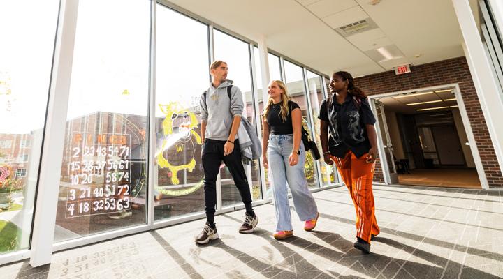Three students walk in the CAT Building skywalk