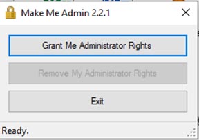 Make me admin window with Grant Admin Rights button selected.