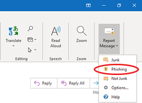 Outlook report email phishing option in menu