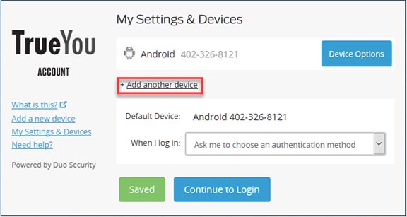 Trueyou manage trueyou duo devices mange two factor add another device
