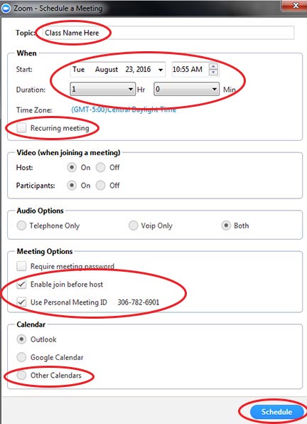 Zoom schedule settings