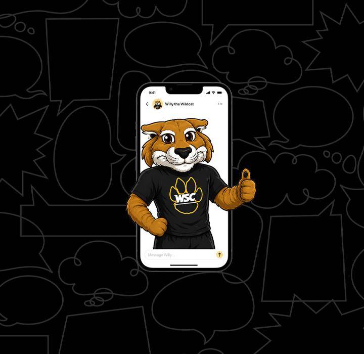 An illustration of Willy the Wildcat with a smartphone
