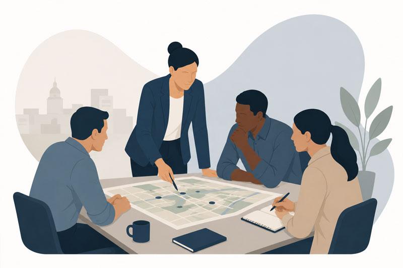 Illustration of a leadership team reviewing an operational plan.
