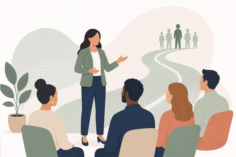 Illustration of a human resources professional leading a team meeting.