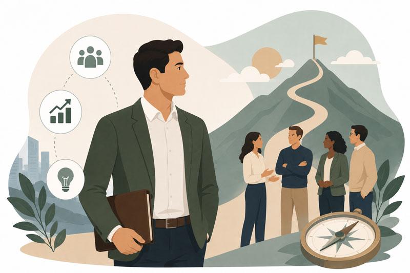 Illustration representing leadership, teamwork, and professional growth.
