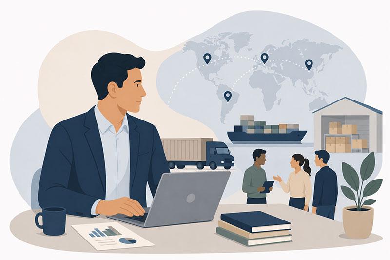 Illustration of a supply chain manager coordinating global operations.