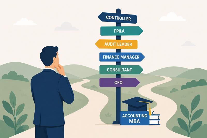 Illustration of an accounting professional considering multiple career paths after earning an MBA.