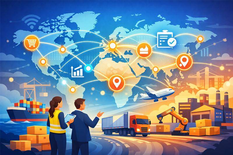 Illustration of global supply chain network with transportation, logistics, and data connections