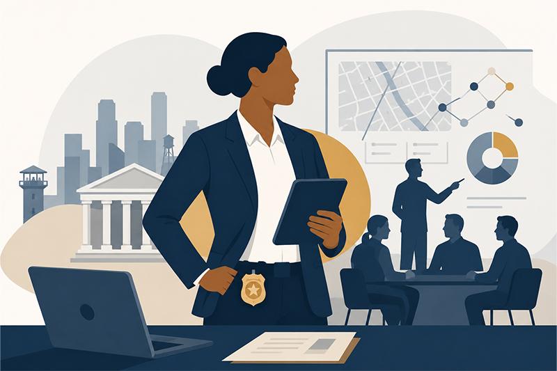Illustration of criminal justice leadership and career advancement.
