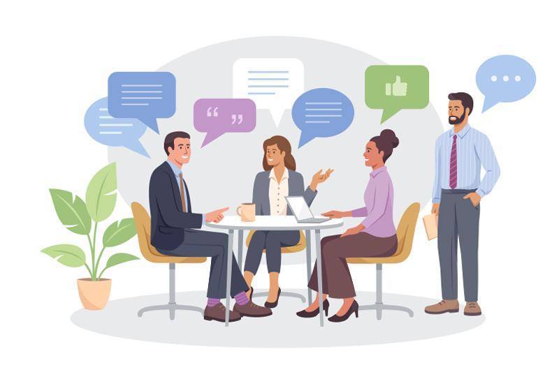 A illustration of business people sitting at a table in a meeting