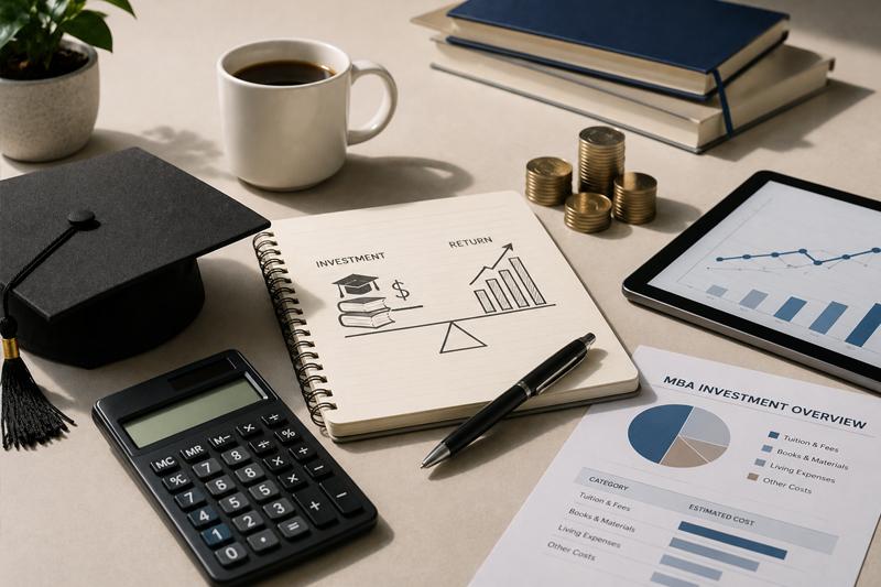 Conceptual workspace representing the financial planning and return on investment considerations of earning an MBA.