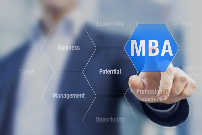 A person selects an “MBA” hexagon in a graphic featuring leadership, business, management and potential.