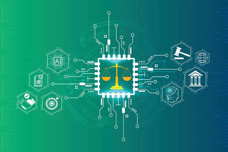 AI legal technology concept with justice scales and digital circuit network