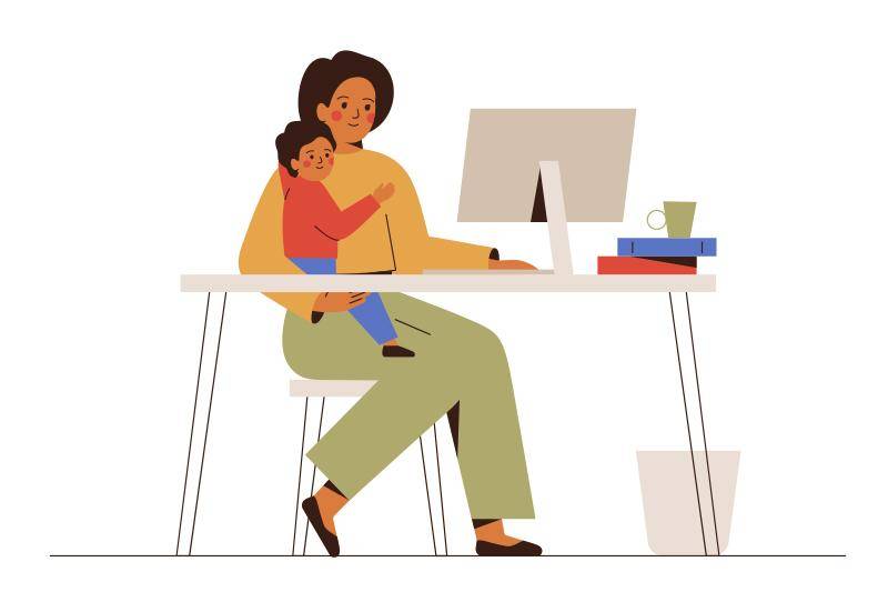 An illustration of a business woman holding her infant son and while studying online from home via computer.