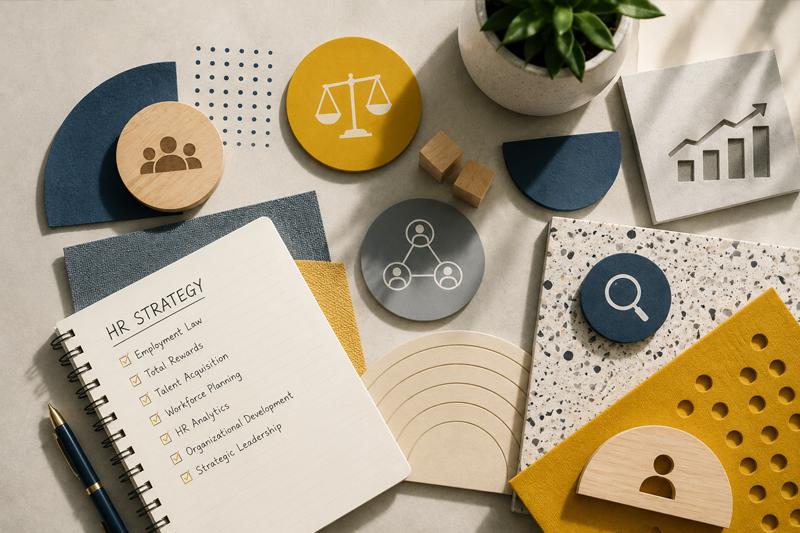 Abstract workspace featuring HR, leadership, analytics, and strategy symbols representing an HR MBA curriculum.