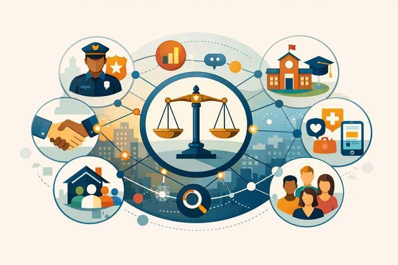 Illustration showing justice scales connected to community partners such as law enforcement, schools, health services, and residents, representing collaborative public safety leadership.