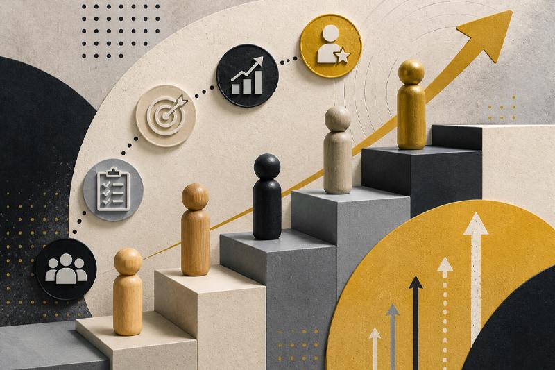 Abstract illustration representing leadership growth and career advancement from frontline management to executive leadership.