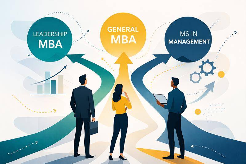 Illustration of professionals choosing between Leadership MBA, General MBA, MS in Management pathways