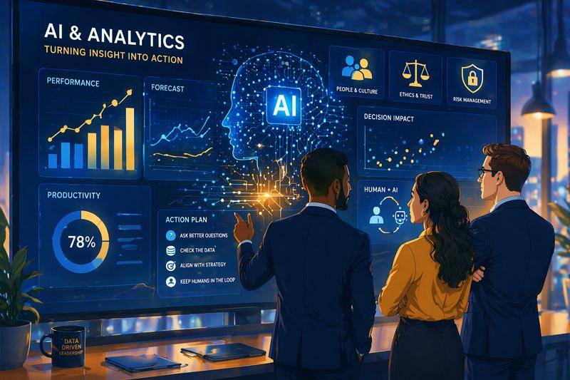 Illustration of team analyzing AI data dashboard and analytics visuals.