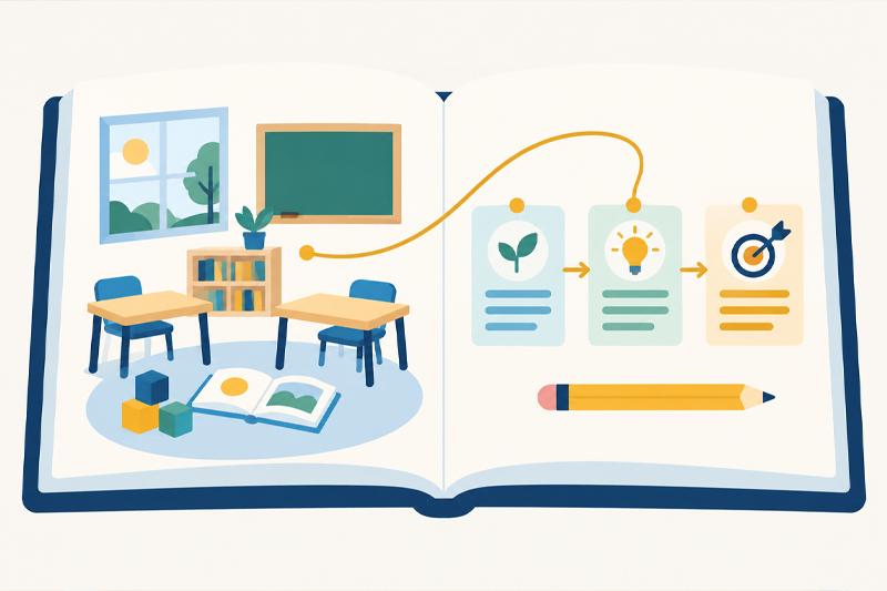 An illustration of a book with a classroom on the left and lesson plans on the right