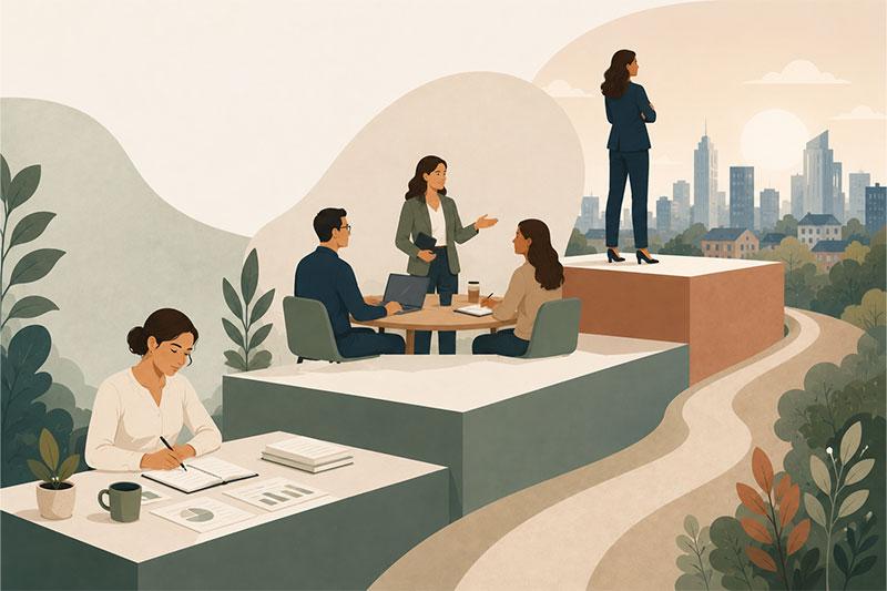 Illustration of a business professional advancing into leadership through career growth and collaboration.
