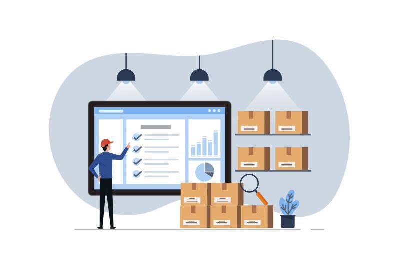An illustration of a warehouse worker looking at analytics on a tablet