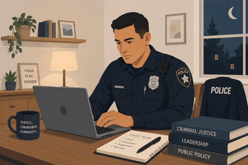 An illustration of a uniformed officer working from home on his laptop