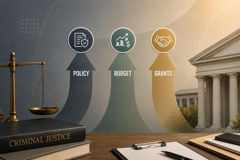 Conceptual image of criminal justice leadership featuring policy, budgeting, grants, and public safety administration.