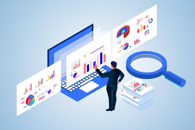 An illustration of a professional looking at a laptop displaying analytics.