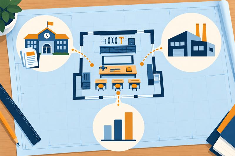 Illustration of a technical classroom plan connected to a school, an industry workplace, and a chart of program results.