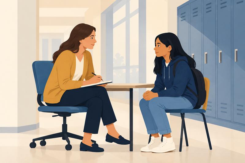 A school counselor speaks with a student in a school.