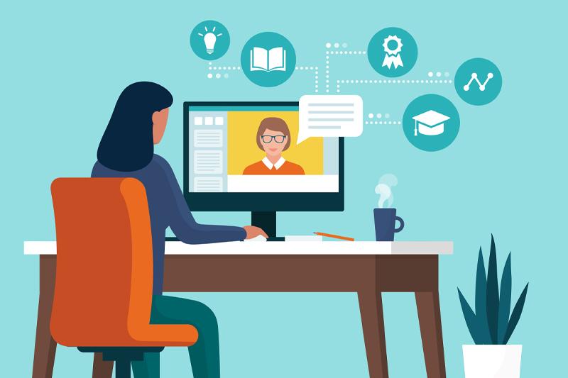 Illustration of a student following online courses on her computer at home