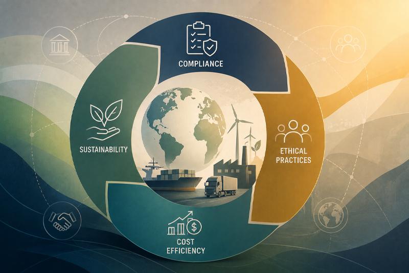 Conceptual illustration representing sustainable, ethical, and resilient supply chain management.