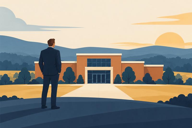 A school administrator stands outside a school building, looking toward its entrance.