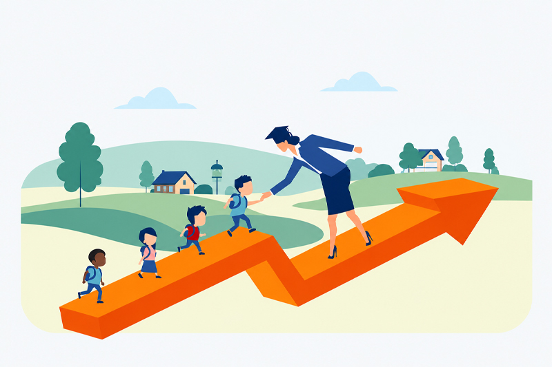 An illustration of a teacher wearing a grad cap, helping school children up an updward arrow pathway