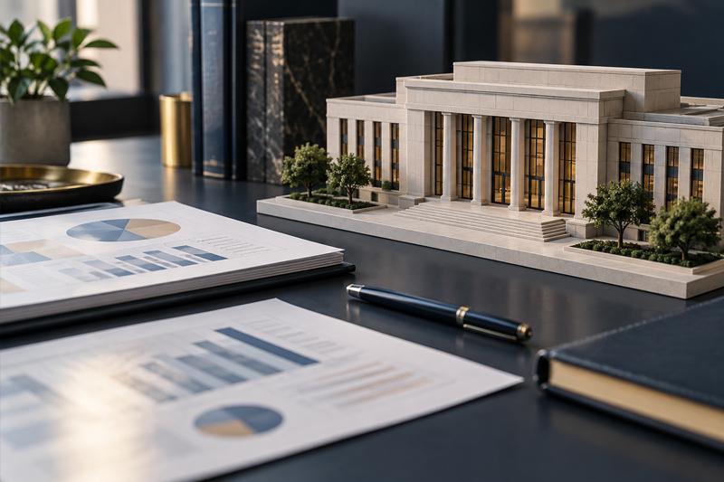 A model courthouse next to budget charts and documents on a desk.