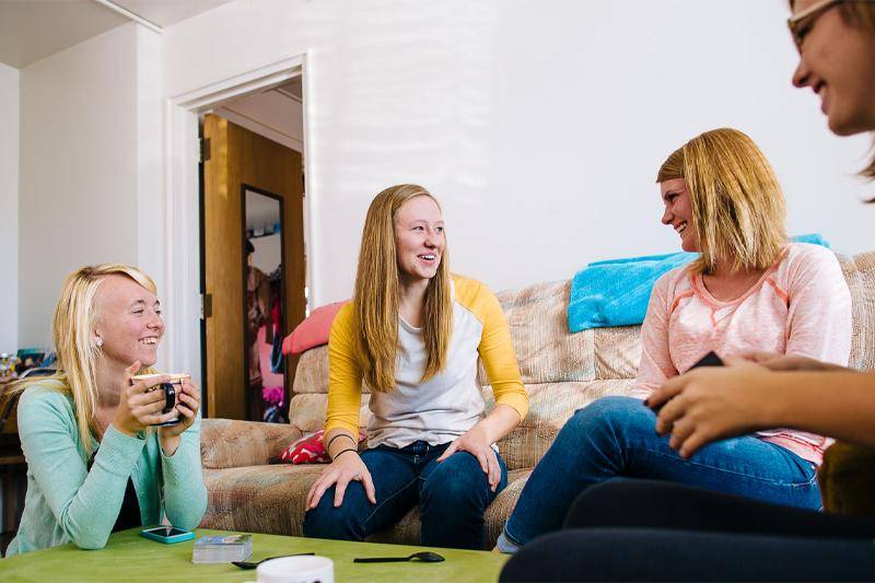 Students gather in a residence hall