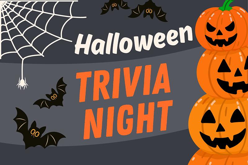 Graphic for Halloween trivia night with bats, spider webs, and jack-o'-lanterns