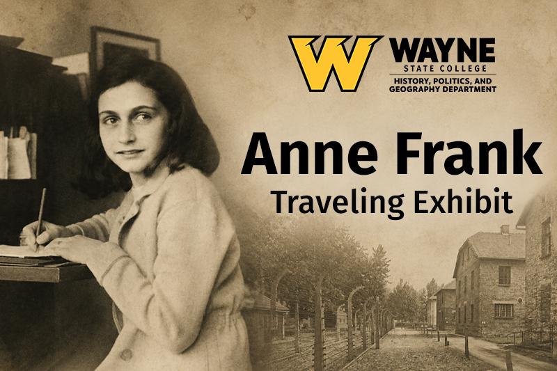 A portrait of Anne Frank superimposed over a photo of Auschwitz