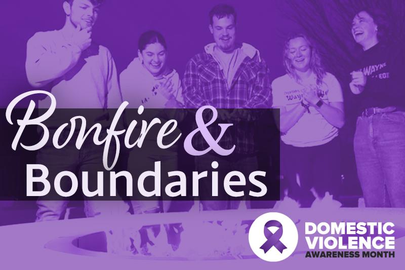 Domestic violence awarness ribbon overlaying a photo of WSC students at the campus firepit.