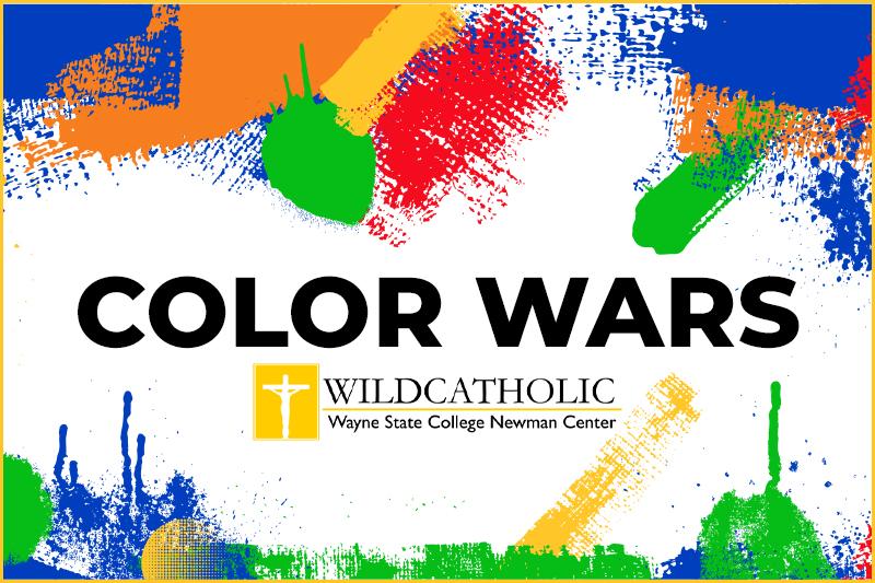 Grunge paint splatters in red, orange, yellow, blue, and green