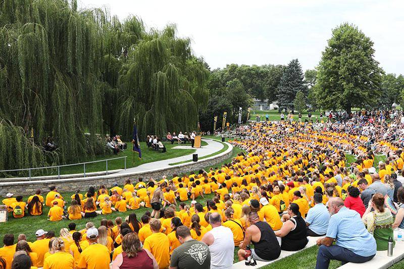 Photo of freshmen students sitting in the Willow Bowl
