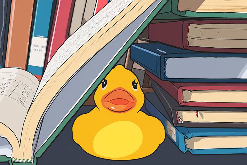 Image of rubber yellow duck hiding amongst books