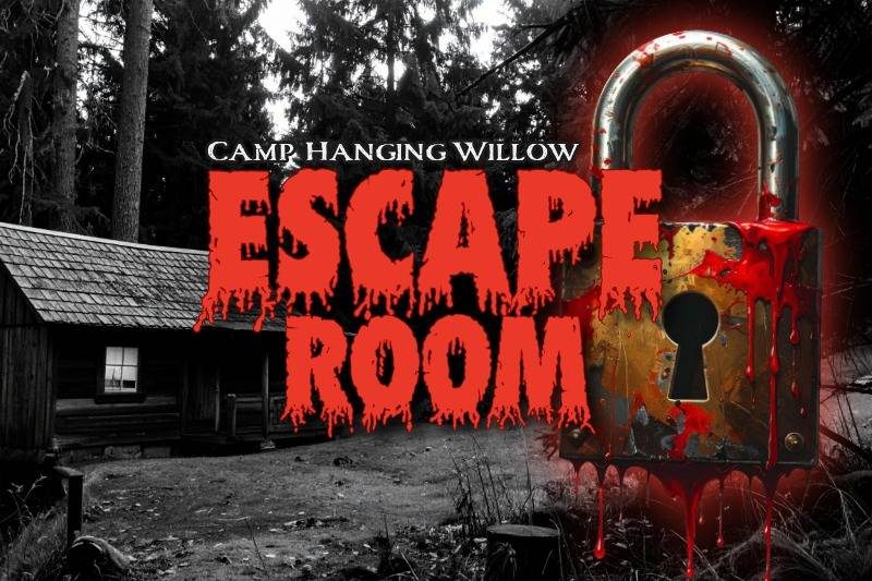 Image showing a spooky cabin a bloody padlock, and the word ESCAPE
