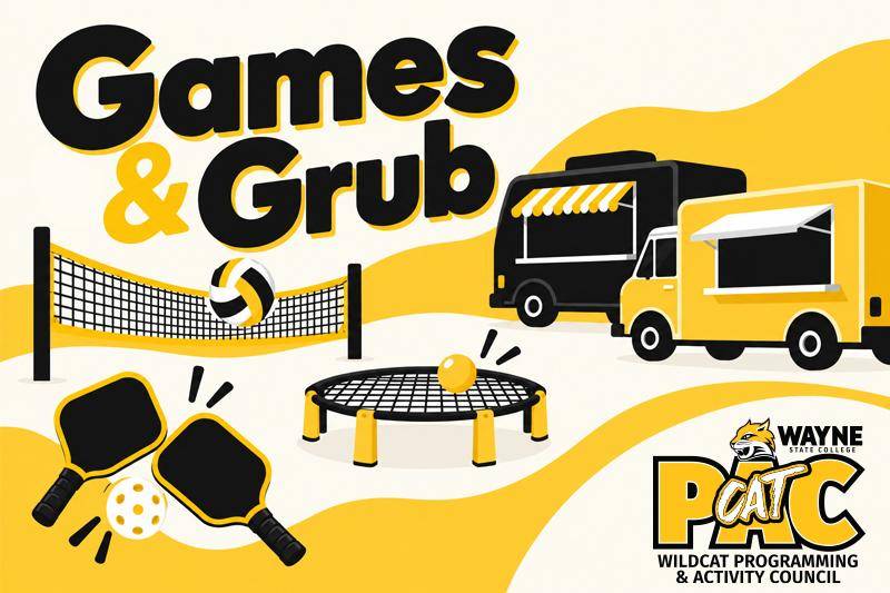 An illustration of food trucks, vollyeball, spikeball, and pickleball