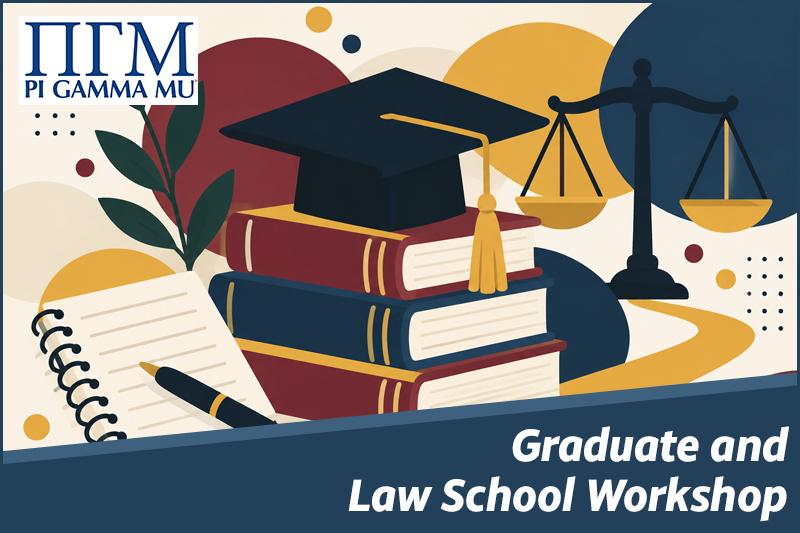 An illustration of a grad cap on a stack of books, next to the scales of justice.