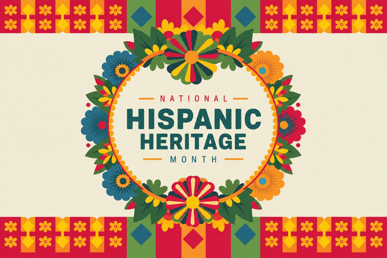 Colorful floral graphic with text reading “National Hispanic Heritage Month.”