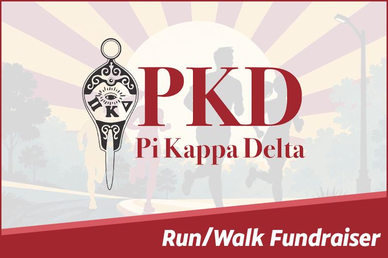 The Pi Kappa Delta logo over a faded illustration of runners