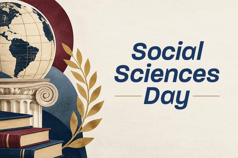 An illustration of a glob, books, and laurel wreath with the words Social Sciences Day