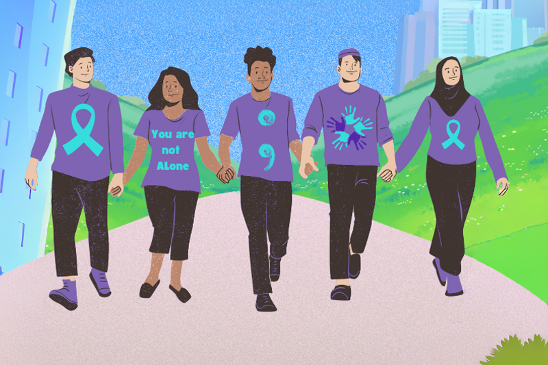 Graphic showing five people walking and wearing purple shirts
